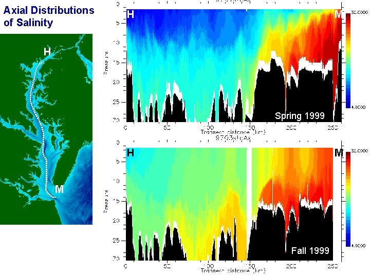 Axial Distributions of Salinity H M H Spring 1999 H M M Fall 1999