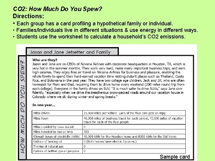 CO 2: How Much Do You Spew? Directions: • Each group has a card