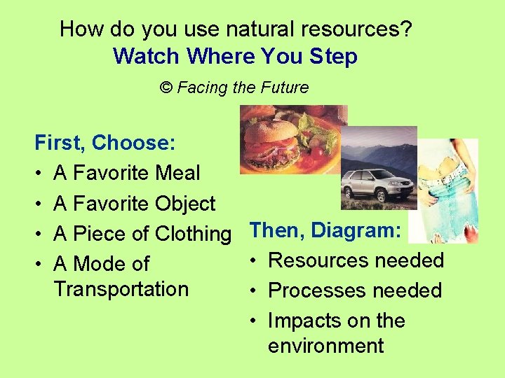 How do you use natural resources? Watch Where You Step © Facing the Future