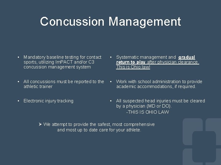 Concussion Management • Mandatory baseline testing for contact sports, utilizing Im. PACT and/or C