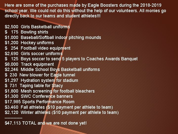 Here are some of the purchases made by Eagle Boosters during the 2018 -2019