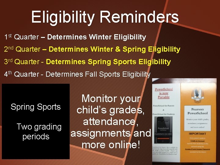 Eligibility Reminders 1 st Quarter – Determines Winter Eligibility 2 nd Quarter – Determines