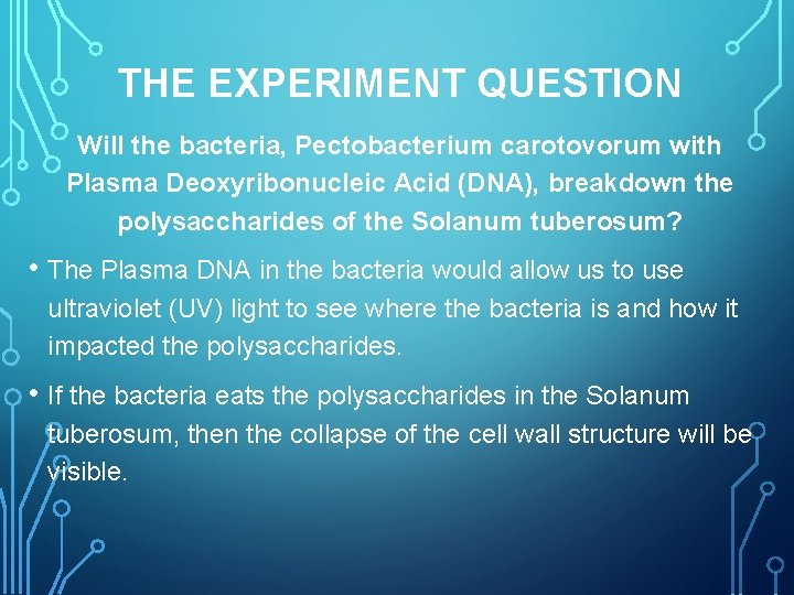 THE EXPERIMENT QUESTION Will the bacteria, Pectobacterium carotovorum with Plasma Deoxyribonucleic Acid (DNA), breakdown