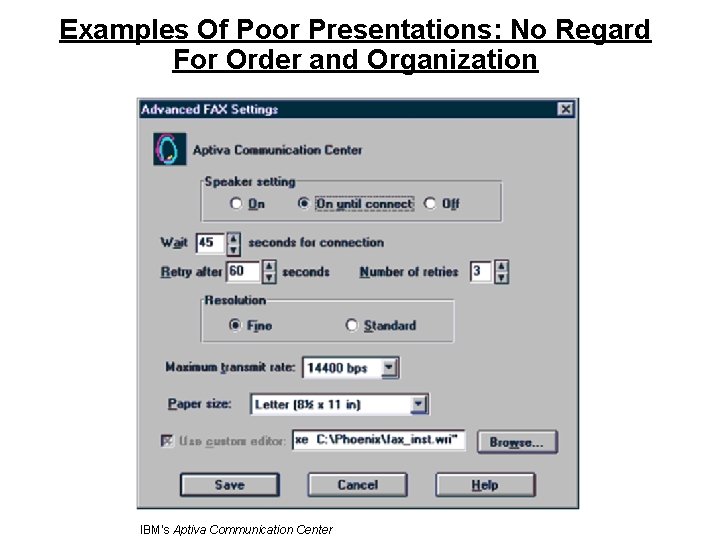 Examples Of Poor Presentations: No Regard For Order and Organization IBM's Aptiva Communication Center