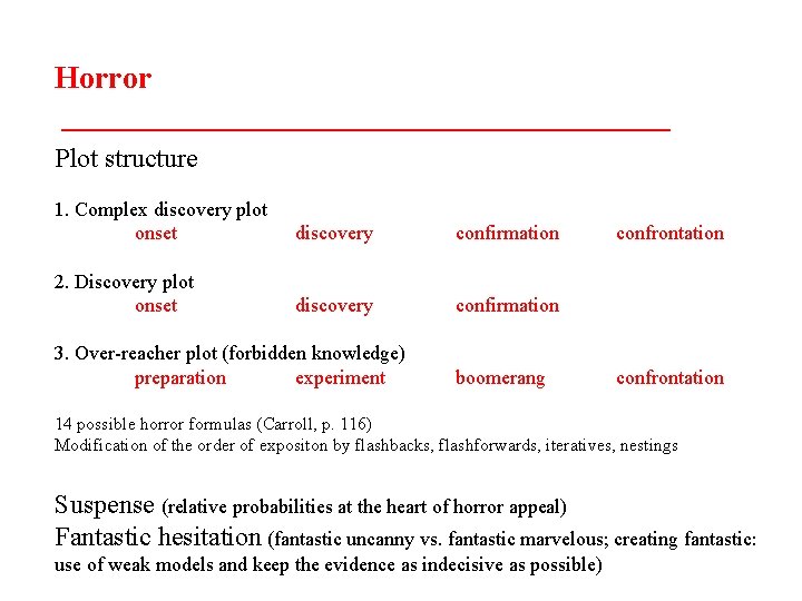 Horror ____________________ Plot structure 1. Complex discovery plot onset discovery confirmation 2. Discovery plot