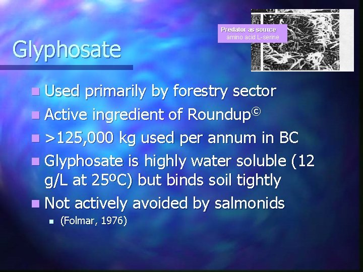 Glyphosate n Used Predator as source amino acid L-serine primarily by forestry sector n
