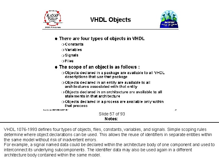 Slide 57 of 93 Notes: VHDL 1076 -1993 defines four types of objects, files,