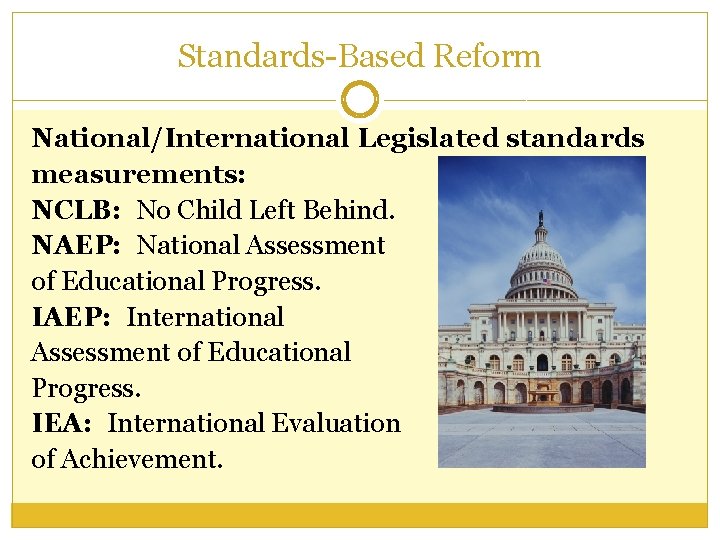 Standards-Based Reform National/International Legislated standards measurements: NCLB: No Child Left Behind. NAEP: National Assessment