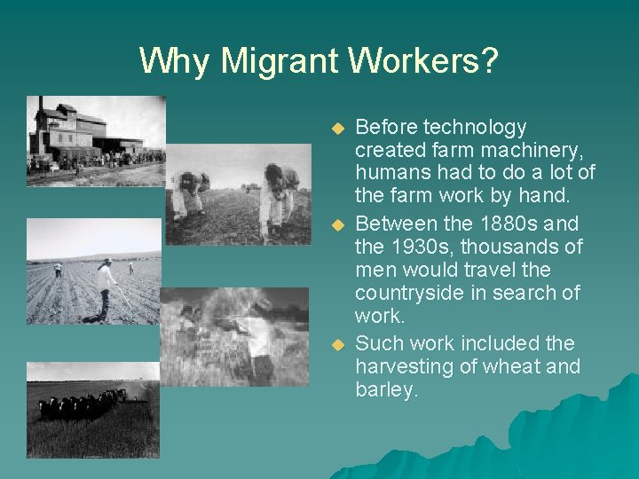 Why Migrant Workers? u u u Before technology created farm machinery, humans had to