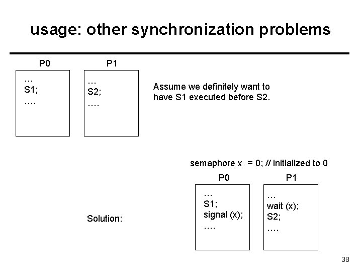 usage: other synchronization problems P 0 … S 1; …. P 1 … S