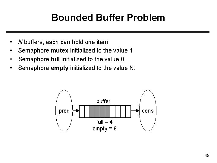 Bounded Buffer Problem • • N buffers, each can hold one item Semaphore mutex
