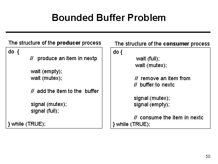 Bounded Buffer Problem The structure of the producer process do { The structure of