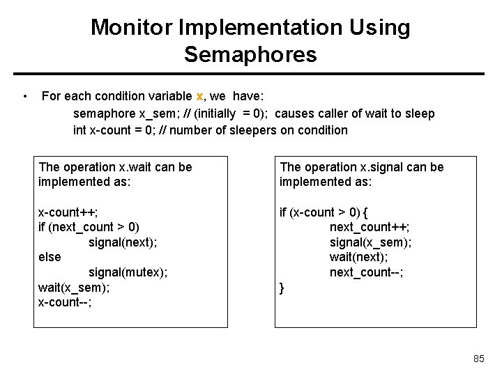Monitor Implementation Using Semaphores • For each condition variable x, we have: semaphore x_sem;