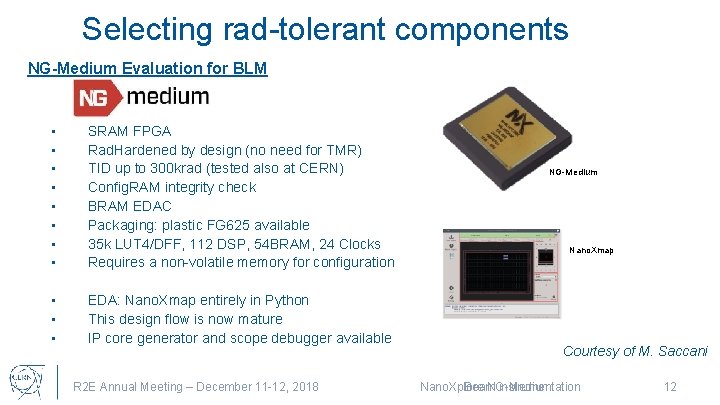 Selecting rad-tolerant components NG-Medium Evaluation for BLM • • • SRAM FPGA Rad. Hardened