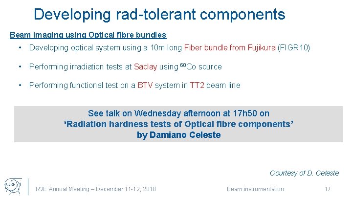 Developing rad-tolerant components Beam imaging using Optical fibre bundles • Developing optical system using