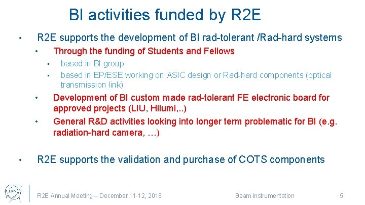 BI activities funded by R 2 E • R 2 E supports the development