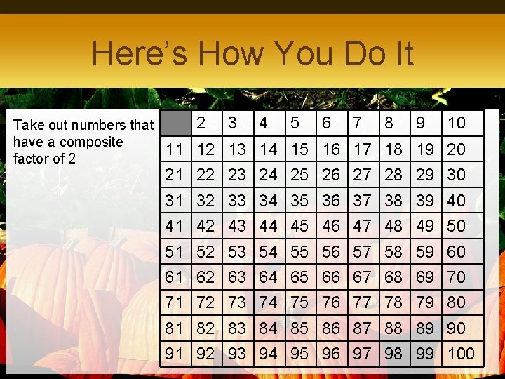 Here’s How You Do It Take out numbers that have a composite factor of