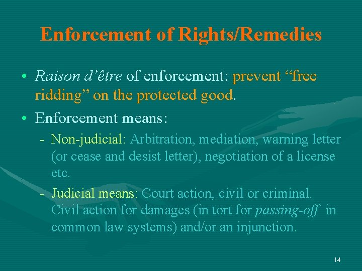 Enforcement of Rights/Remedies • Raison d’être of enforcement: prevent “free ridding” on the protected