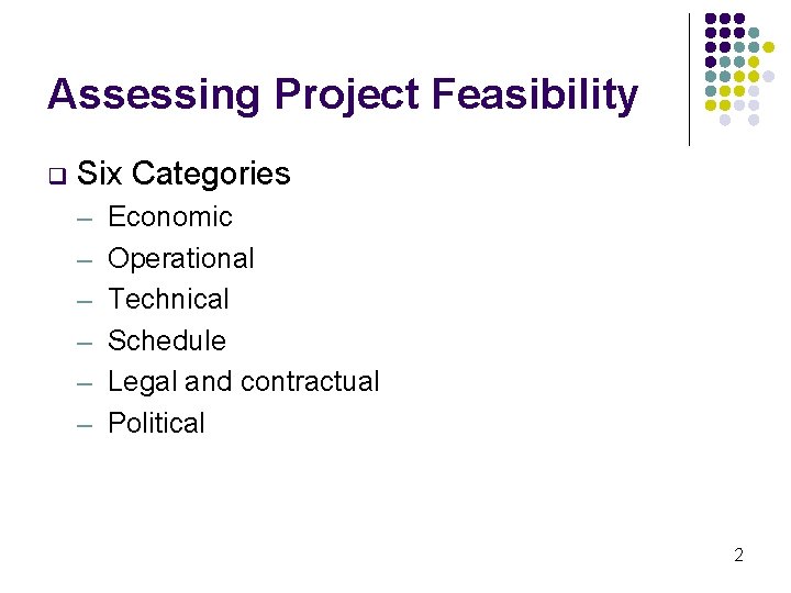 Assessing Project Feasibility q Six Categories ─ ─ ─ Economic Operational Technical Schedule Legal