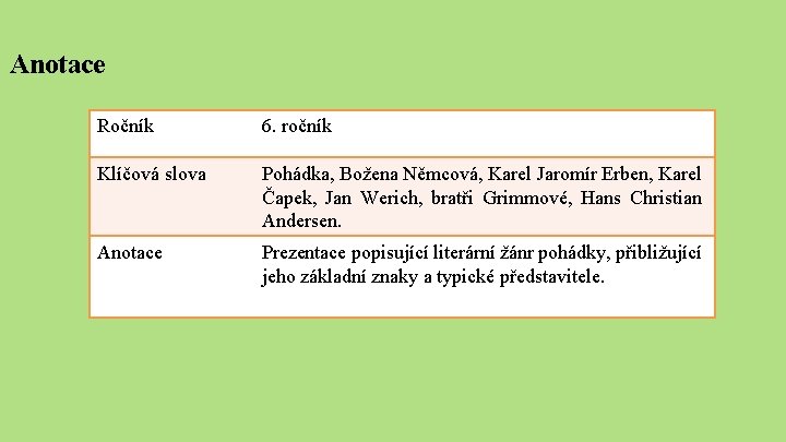 Anotace Ročník 6. ročník Klíčová slova Pohádka, Božena Němcová, Karel Jaromír Erben, Karel Čapek,