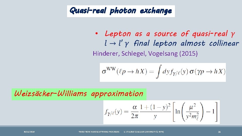 Quasi-real photon exchange Hinderer, Schlegel, Vogelsang (2015) Weizsäcker-Williams approximation 30/11/2016 TMDS FROM HARD SCATTERING