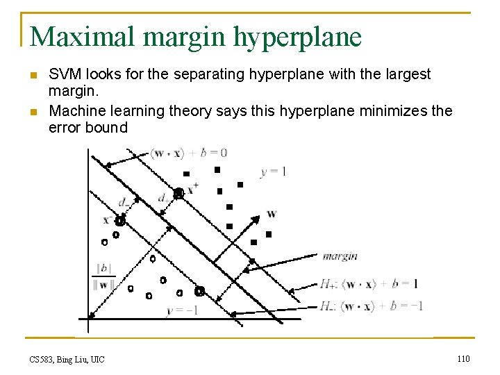 Maximal margin hyperplane n n SVM looks for the separating hyperplane with the largest