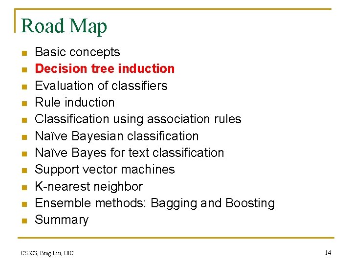 Road Map n n n Basic concepts Decision tree induction Evaluation of classifiers Rule