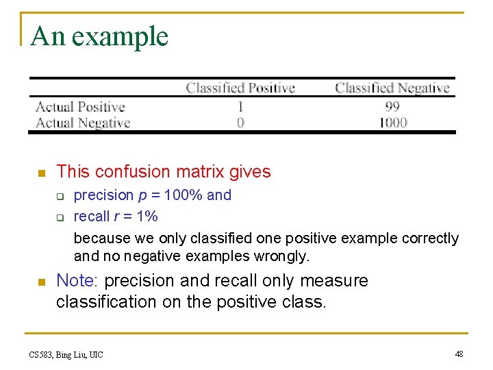 An example n This confusion matrix gives q q n precision p = 100%