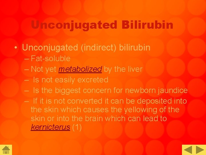 Unconjugated Bilirubin • Unconjugated (indirect) bilirubin – Fat-soluble – Not yet metabolized by the