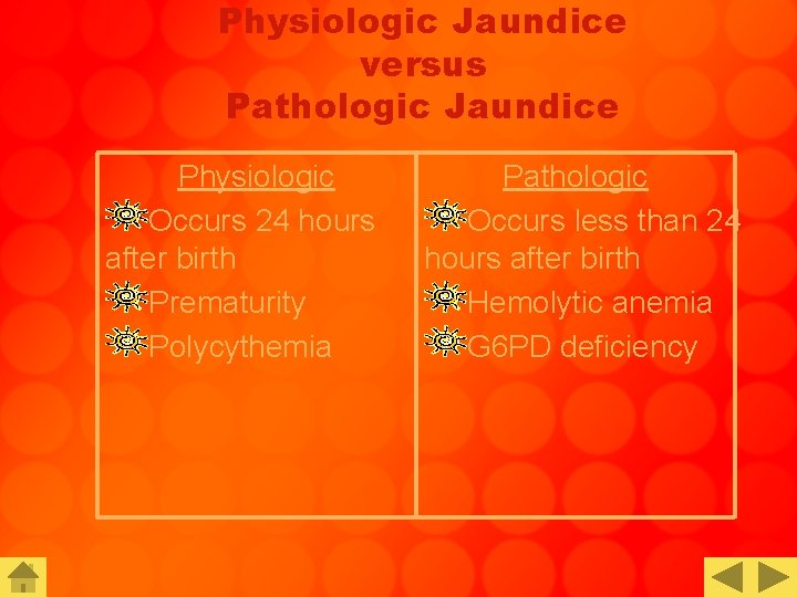 Physiologic Jaundice versus Pathologic Jaundice Physiologic Occurs 24 hours after birth Prematurity Polycythemia Pathologic