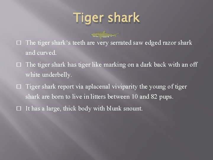 Tiger shark � � The tiger shark’s teeth are very serrated saw edged razor