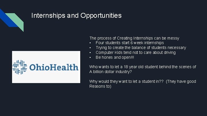 Internships and Opportunities The process of Creating Internships can be messy • Four students