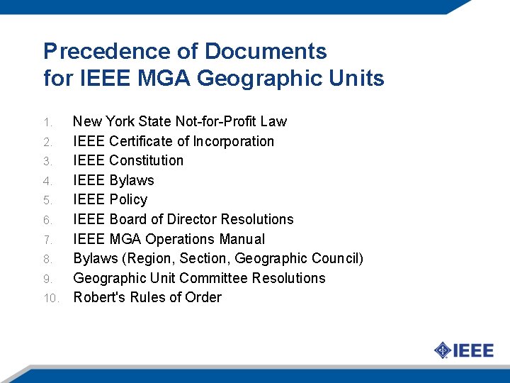 Precedence of Documents for IEEE MGA Geographic Units New York State Not-for-Profit Law 2.