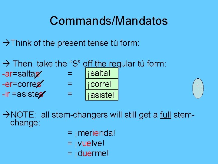 Commands/Mandatos Think of the present tense tú form: Then, take the “S” off the