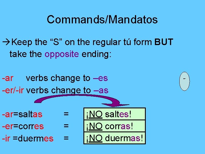 Commands/Mandatos Keep the “S” on the regular tú form BUT take the opposite ending: