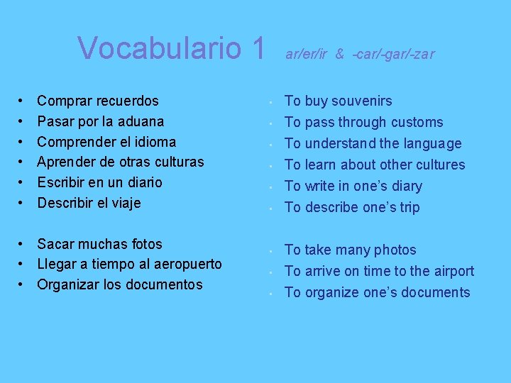 Vocabulario 1 • • • Comprar recuerdos Pasar por la aduana Comprender el idioma