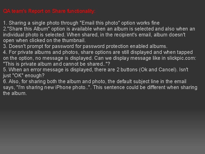QA team's Report on Share functionality: 1. Sharing a single photo through "Email this