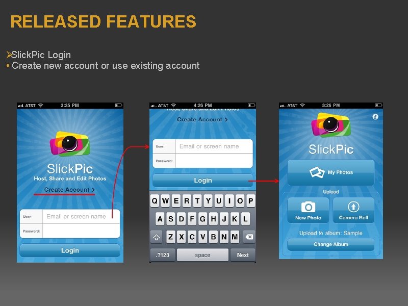 RELEASED FEATURES ØSlick. Pic Login • Create new account or use existing account 