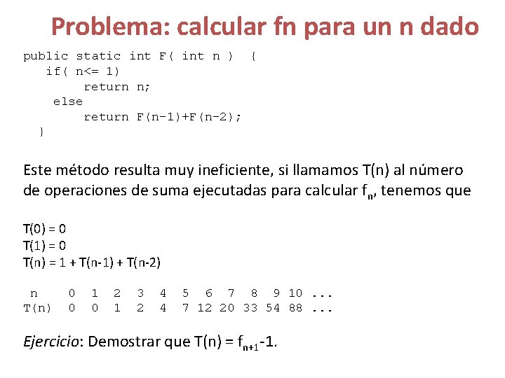 Problema: calcular fn para un n dado public static int F( int n )
