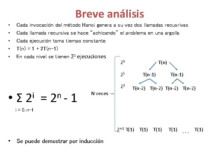 Breve análisis • • • Cada invocación del método Hanoi genera a su vez