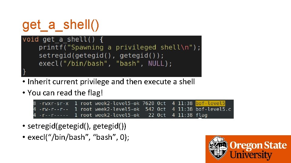 get_a_shell() • Inherit current privilege and then execute a shell • You can read