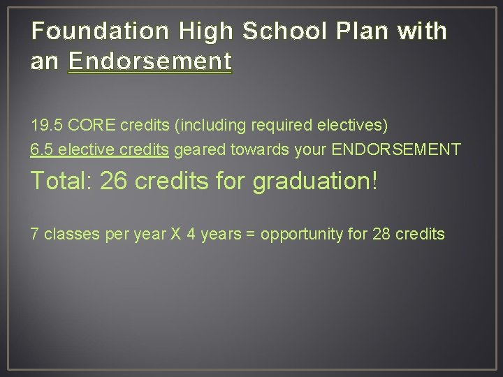 Foundation High School Plan with an Endorsement 19. 5 CORE credits (including required electives)