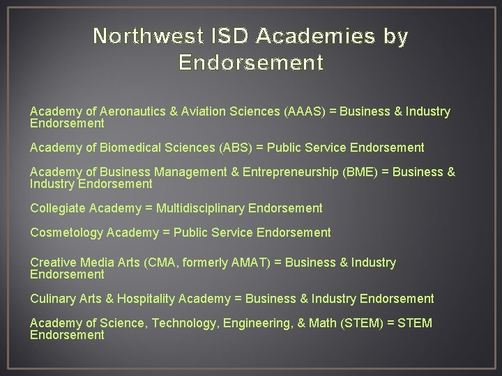 Northwest ISD Academies by Endorsement Academy of Aeronautics & Aviation Sciences (AAAS) = Business