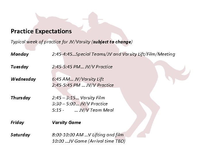 Practice Expectations Typical week of practice for JV/Varsity (subject to change) Monday 2: 45