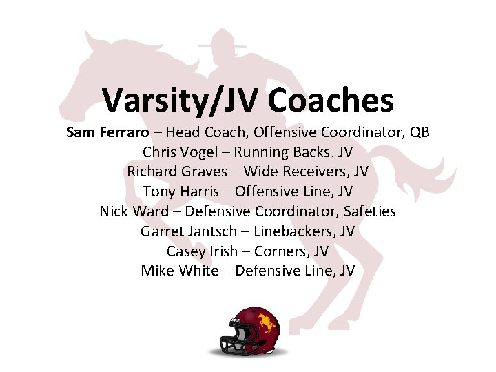 Varsity/JV Coaches Sam Ferraro – Head Coach, Offensive Coordinator, QB Chris Vogel – Running