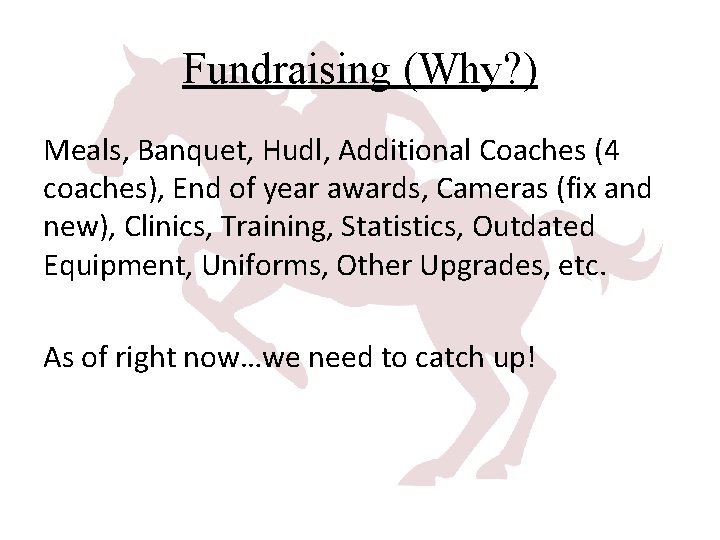 Fundraising (Why? ) Meals, Banquet, Hudl, Additional Coaches (4 coaches), End of year awards,