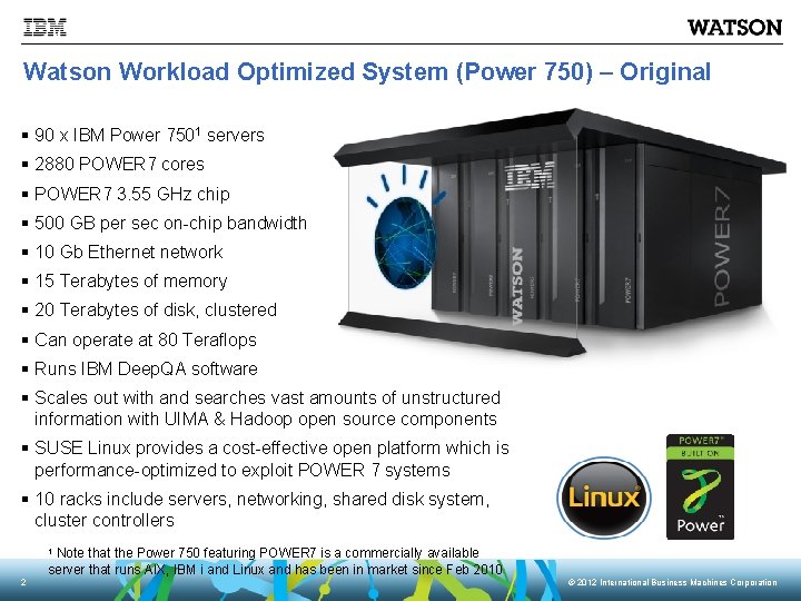 Watson Workload Optimized System (Power 750) – Original 90 x IBM Power 7501 servers