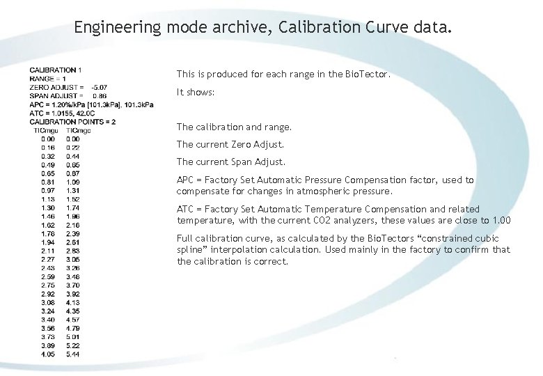 Engineering mode archive, Calibration Curve data. This is produced for each range in the