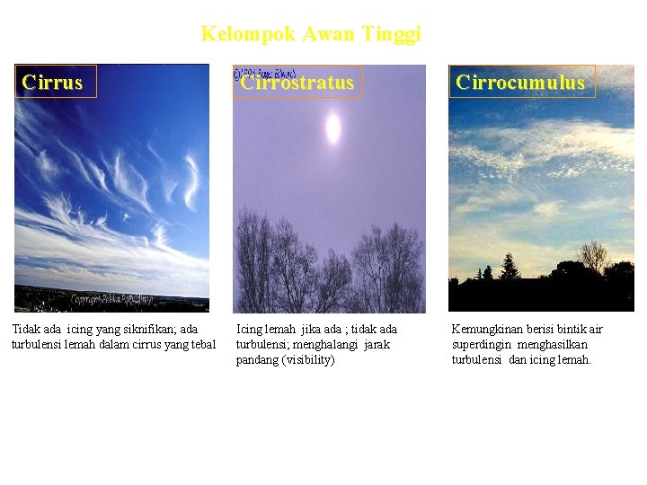 Kelompok Awan Tinggi Cirrus Tidak ada icing yang siknifikan; ada turbulensi lemah dalam cirrus