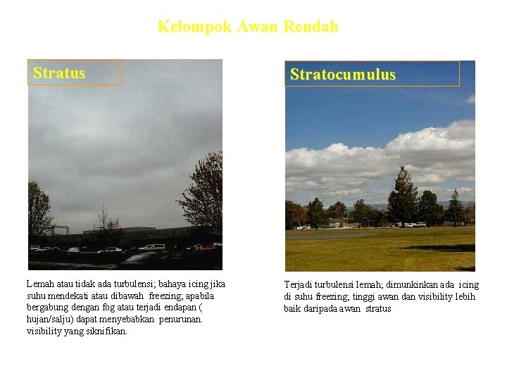 Kelompok Awan Rendah Stratus Lemah atau tidak ada turbulensi; bahaya icing jika suhu mendekati